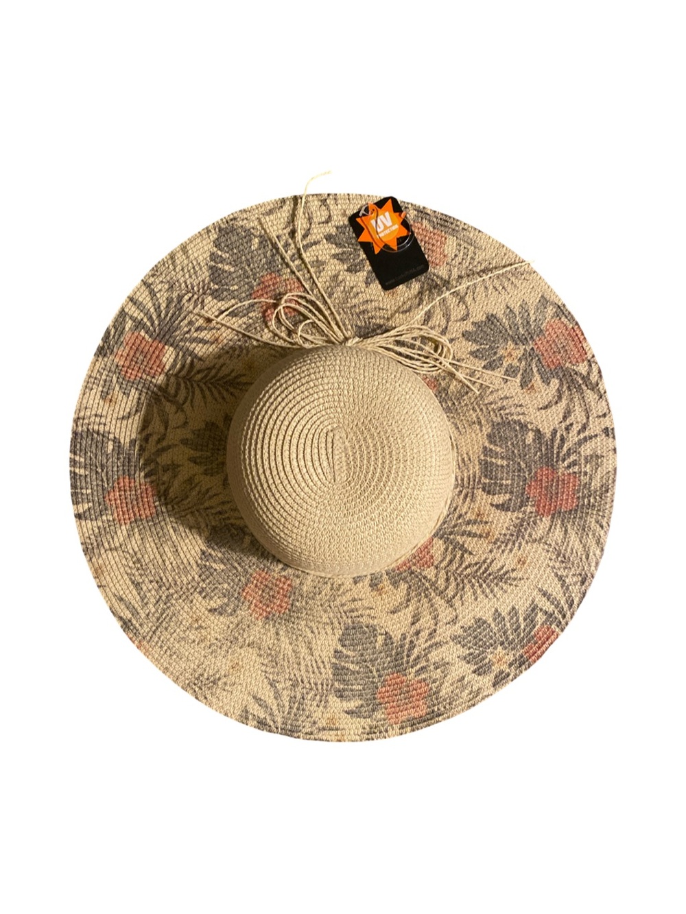 Lucky Brand Beige Woven Straw Sun Hat with Coral Floral Accents-OSFM.  New
